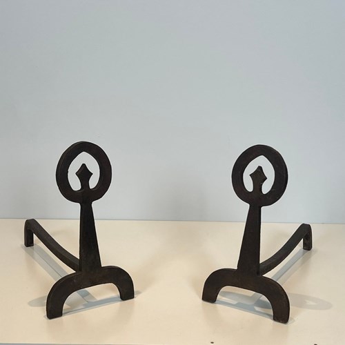 Pair Of Modernist Wrought Iron Andirons