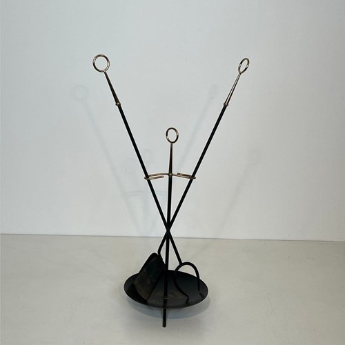 Black Lacquered Metal And Brass Design Fireplace Tools