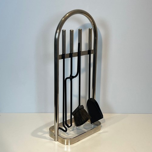 Black Lacquered And Chrome Design Fireplace Tools On Stand