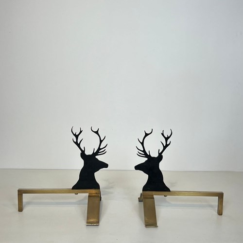 Pair Of Black Lacquered Steel And Brass Deer Andirons