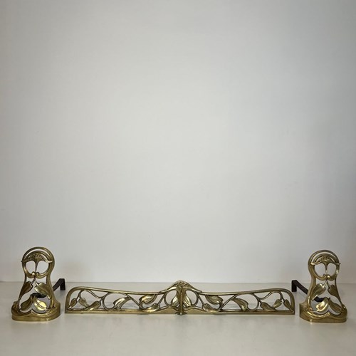 Pair Of Bronze Andirons And Their Center Bar, Decorated With Flowers And Foliage