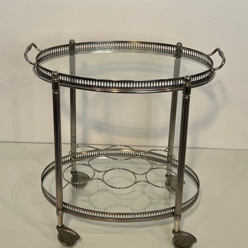Oval Neoclassical Style Silvered Brass Drinks Trolley