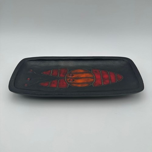 Rectangular Black Ceramic Dish, Decorated With A Stylized Fish In Orange And Red