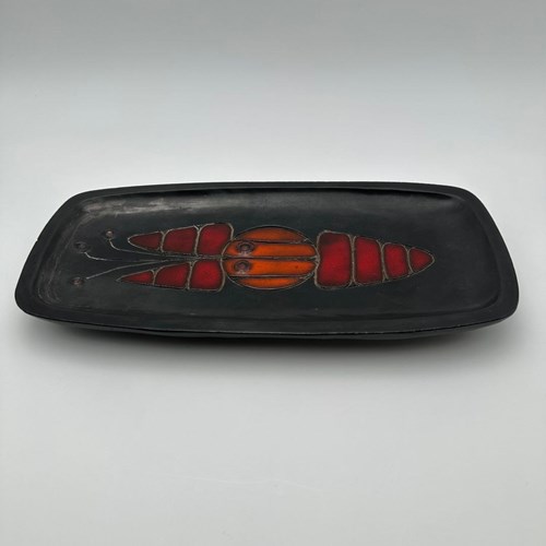 Rectangular Black Ceramic Dish, Decorated With A Stylized Fish In Orange And Red