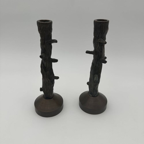 Pair Of Patinated Bronze Candlesticks Sculpted As Tree Branches In An Elegant Fa
