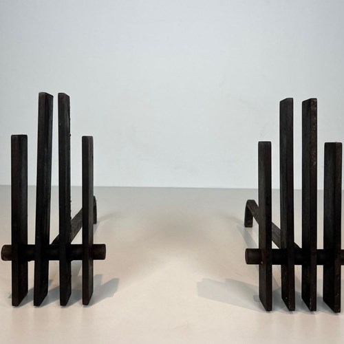 Pair Of Modernist Cast Iron And Wrought Iron Andirons