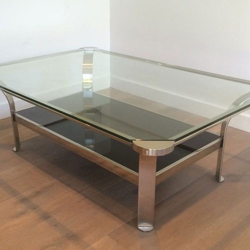 Large Design Chrome Coffee Table With Glass Shelves