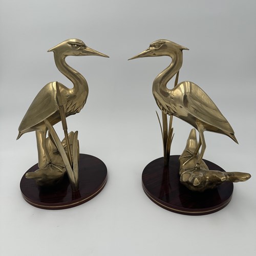 Pair Of Brass Sculptures Depicting Stylized Birds On Wooden Bases