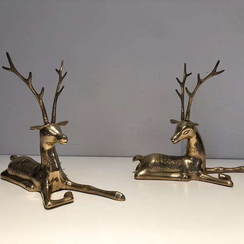 Pair Of "Resting Stags" Bronze Sculptures With Shamanic Decor, French Work, 1970