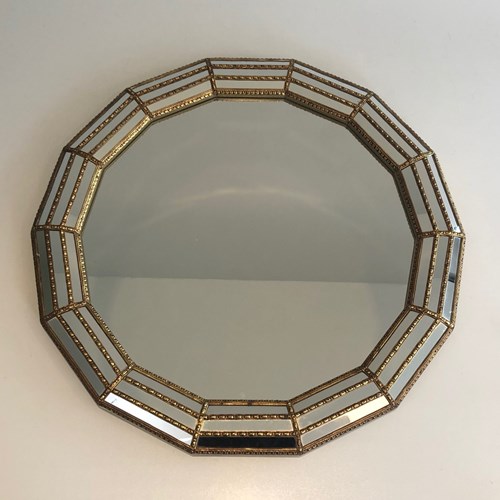 Octagonal Multi-Faceted Wall Mirror With Brass Garlands, Circa 1970