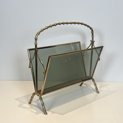 Faux-Bamboo Brass And Smoked Glass Magazine Rack, Attributed To Maison Baguès, 1
