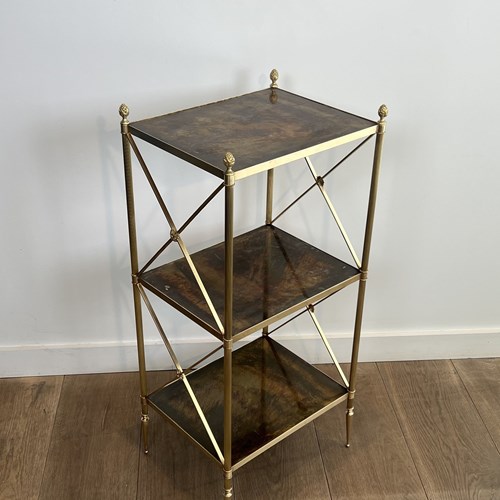 Three-Tier Brass And Eglomise Glass Shelf, Attributed To Maison Jansen, 1940S
