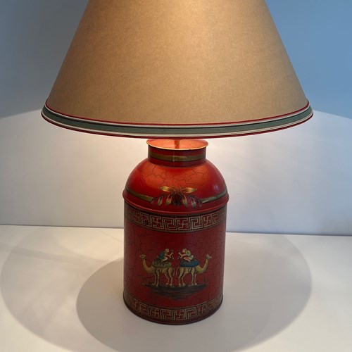 Red Painted Tole Lamp With Chinoiserie Decor, 20Th Century