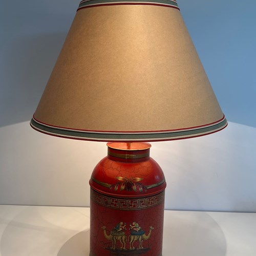Red Painted Tole Lamp With Chinoiserie Decor, 20Th Century