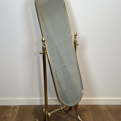 Polished Brass Cheval Mirror, Neoclassical Style Circa 1970