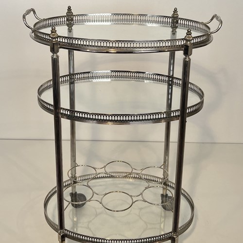 Silver-Plated Three-Tier Oval Bar Cart, Attributed To Maison Jansen, 1940S