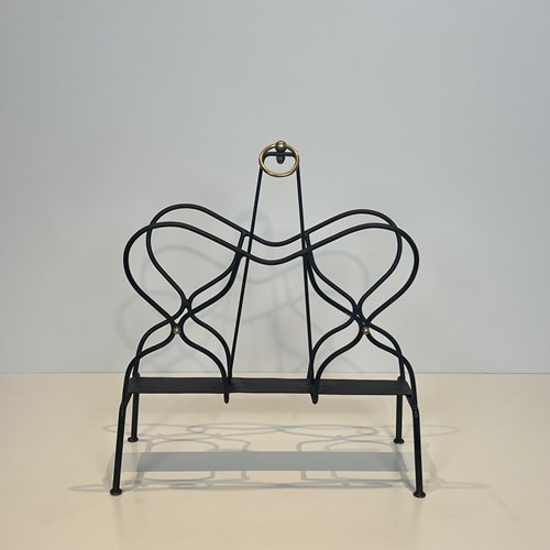 Black Lacquered Metal And Brass Magazine Rack, Attributed To Jacques Adnet, 1950