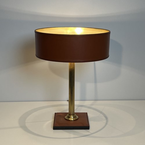 Camel Brown Leather And Fluted Brass Desk Lamp, In The Style Of Jacques Adnet, 1