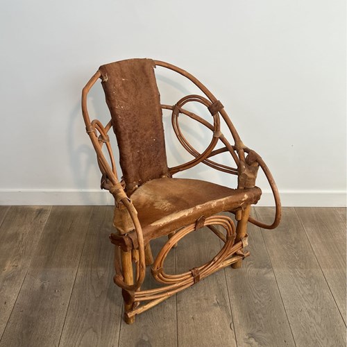 Organic Modernist Armchair In Rattan And Cowhide, Italian Work,1960S
