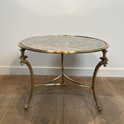 Round Tripod "Rooster" Coffee Table In Bronze And Eglomise Mirror, Maison Charle
