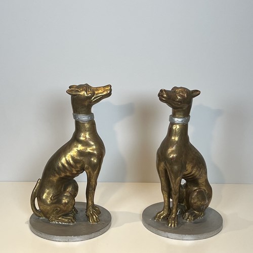 Pair Of Gilded Carved Wood "Greyhound" Sculptures, Italian Work, Mid-20Th Centur