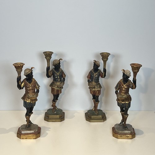 Set Of Four Polychrome "Moretti" Torchiere Sculptures, Venetian Style, Mid-20Th 