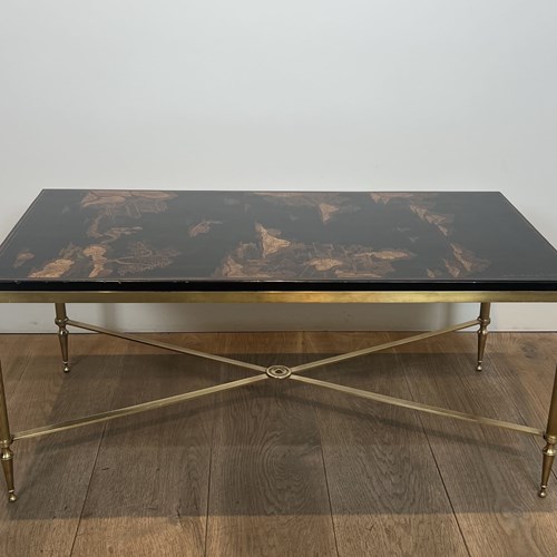 Neoclassical Style Brass Coffee Table With Chinoiserie Lacquer Top, Attributed T