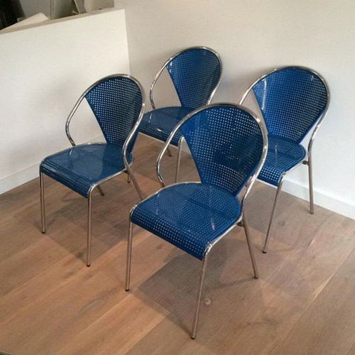 Set Of 4 Chromed Chairs With Perforated Blue Lacquered Metal Seats