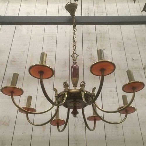 Neoclassical Chandelier In Brass And Red Plexiglass