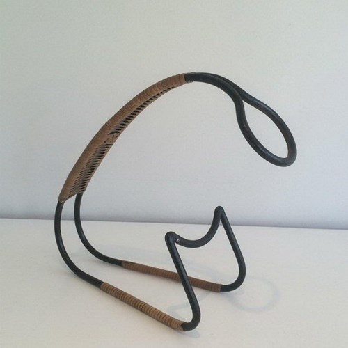 Bottle Holder In Lacquered Metal And Rattan