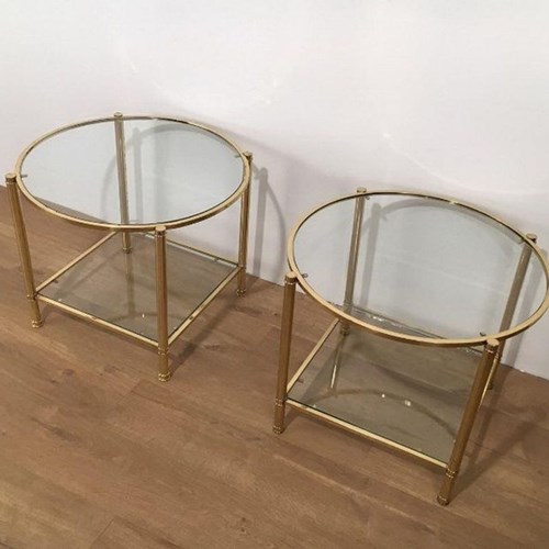Pair Of Round Brass And Glass Side Tables