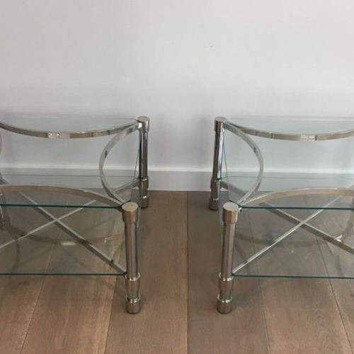 Pair Of Square Chrome & Glass Low Side Tables, Circa 1970