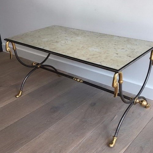 Coffee Table In Brushed Steel And Brass By Maison Jansen