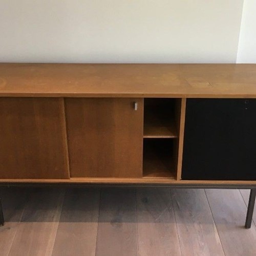 Sideboard With Double Sliding Doors And Bar On Metal Base