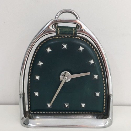 Modernist Leather And Chrome Desk Clock In Stirrup Form, Attributed To Jacques A