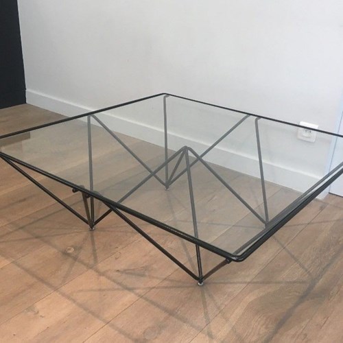 Square Coffee Table In Black Lacquered Metal With Clear Glass Top, Attributed To