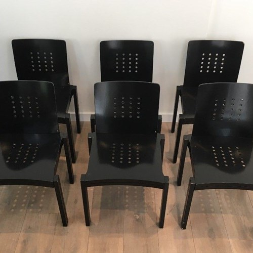 Set Of 6 Chairs In Black Lacquered Wood, Circa 1950