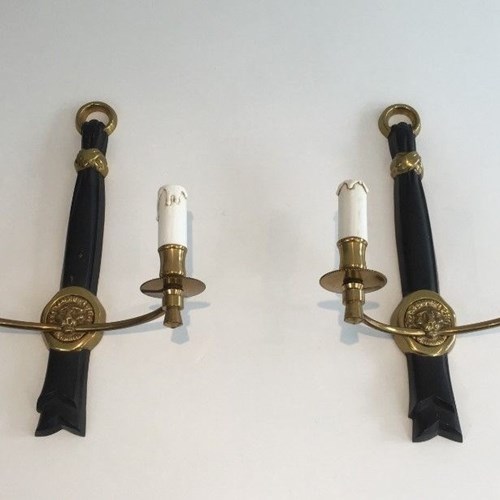 Pair Of Bronze And Black Lacquered Sconces With Lion Heads