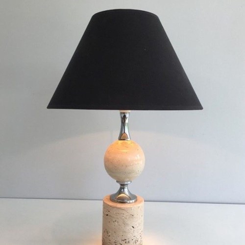 Travertine And Chrome Table Lamp, Philippe Barbie, French Work, Circa 1970
