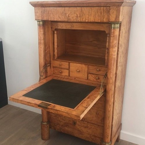 French Empire Burr Walnut Fall-Front Secrétaire With Detached Columns, Circa 185