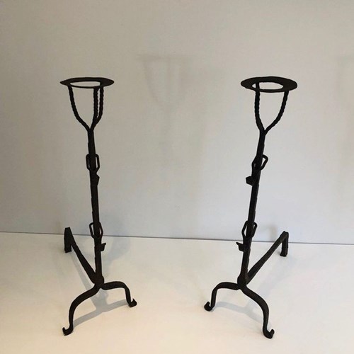 Pair Of Tall Wrought Iron Landiers With Cup Finials