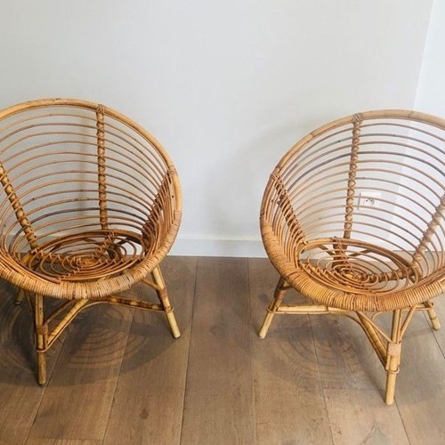 Pair Of French Rattan Lounge Armchairs, Circa 1970