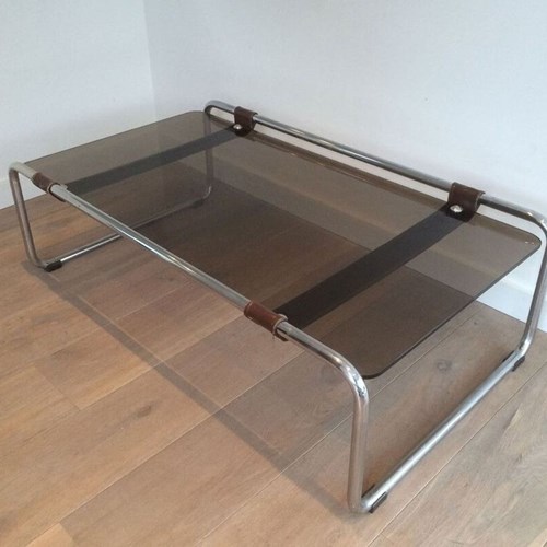 Chrome, Brown Leather & Smoked Glass Two-Tier Coffee Table, France Circa 1950