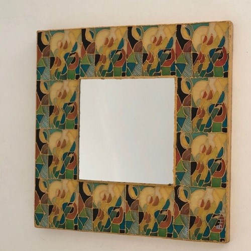French Square Ceramic Mirror With Polychrome Floral Frame