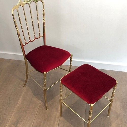 Brass Chiavari Chair And Stool With Green Velvet Seats, Italian Work, Circa 1940