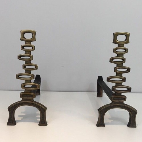 Pair Of Modernist Brass Andirons, Italian Work, Circa 1970