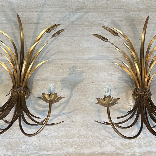Pair Of Gilded Metal Wall Sconces With Wheat Sheaves Decor, Circa 1970