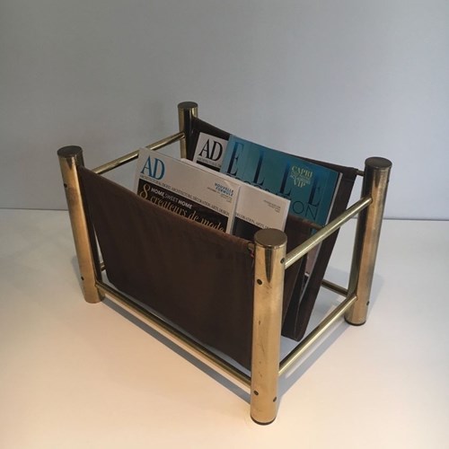 Gilt Metal And Fabric Magazine Rack, French Decorative Arts, Circa 1970