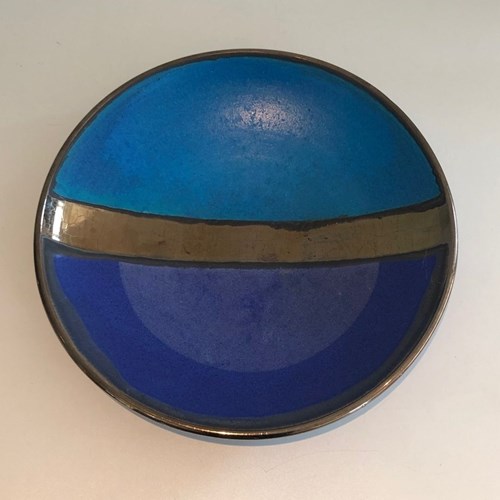 Large French Ceramic Dish With Abstract Blue Bands, Circa 1970