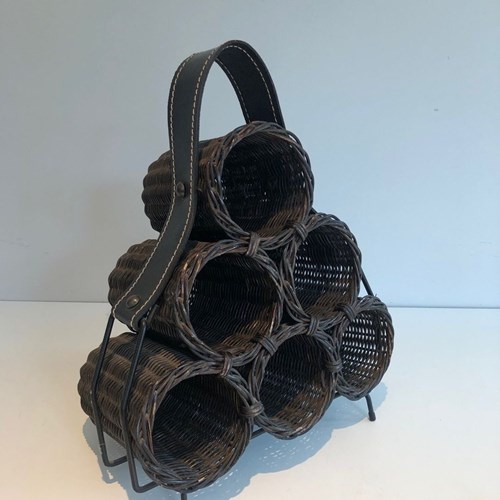 Six-Bottle Wine Rack In Dark Rattan, Lacquered Metal And Leather, Circa 1970